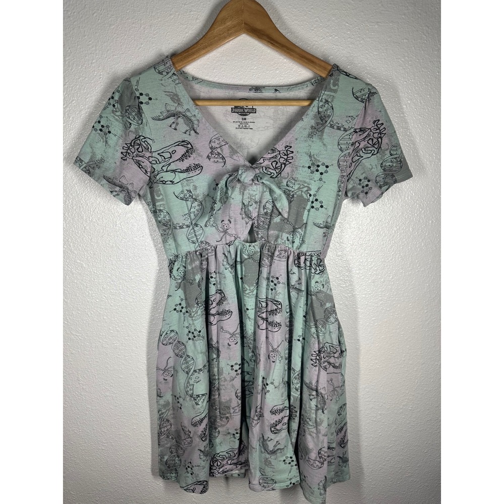 Jurassic World Dress Womens SM Green Purple Dinosaur DNA Front Tie Keyhole Mini